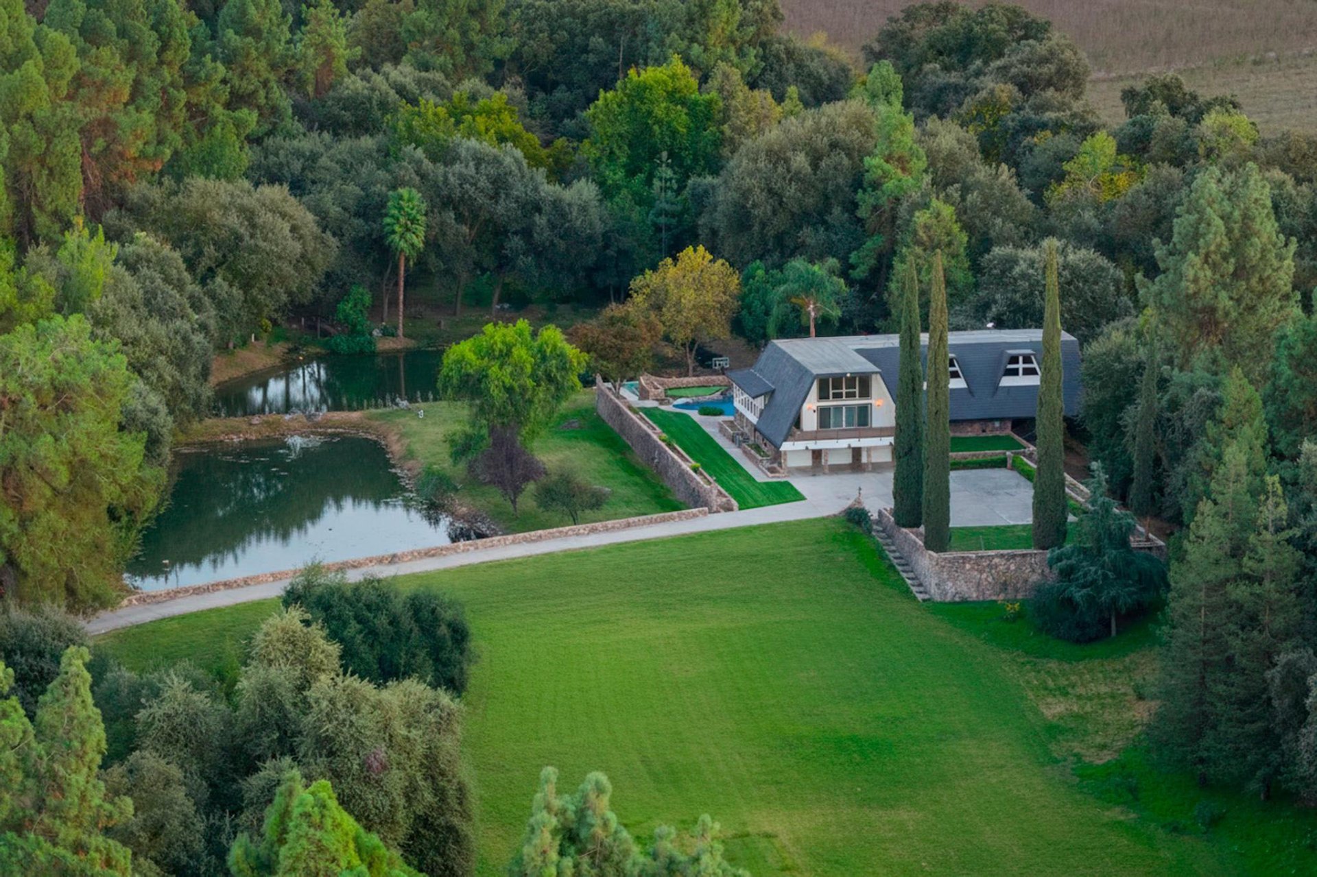 Stocked fishing pond and grounds from above